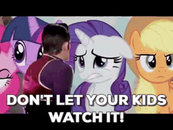 Size: 480x360 | Tagged: safe, derpibooru import, applejack, pinkie pie, rarity, twilight sparkle, pony, the cutie map, angry, animated, don't let your kids watch it, exploitable meme, gif, lazytown, meme, robbie rotten, scared