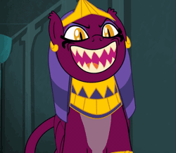 Size: 573x497 | Tagged: animated, daring done?, derpibooru import, faic, gif, laughing, pure unfiltered evil, safe, screencap, sharp teeth, sphinx, sphinx (character), sphinxdorable, teeth