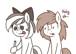 Size: 1643x1177 | Tagged: safe, artist:dsp2003, derpibooru import, oc, oc:meadow stargazer, oc:stone, unofficial characters only, earth pony, pony, blushing, censored vulgarity, female, i can't believe it's not weaver!, mare, open mouth, pencil, simple background, style emulation, vulgar, white background