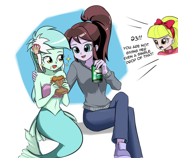 Size: 871x773 | Tagged: safe, artist:twilite-sparkleplz, derpibooru import, part of a set, coffee rush, lyra heartstrings, paula grindhouse, mermaid, sea pony, sunset's fantastic fishing, equestria girls, background human, bandeau, belly button, burger, clothes, crossed legs, dialogue, food, hamburger, mermaidized, midriff, open mouth, pants, seaponified, seapony lyra, shoes, sitting, smiling, sneakers, soda can, species swap