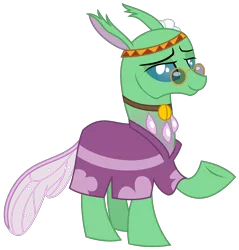 Size: 2991x3131 | Tagged: artist:sketchmcreations, changedling, changeling, clothes, derpibooru import, flower, flower in hair, free love (changedling), glasses, headband, hippieling, lidded eyes, pince-nez, raised hoof, safe, simple background, smiling, solo, to change a changeling, transparent background, vector