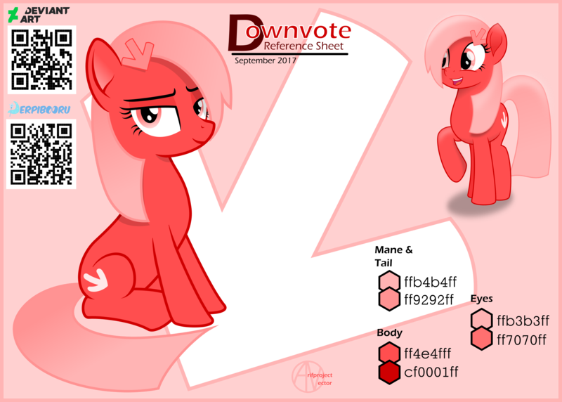 Size: 2200x1573 | Tagged: safe, artist:arifproject, derpibooru import, oc, oc:downvote, ponified, unofficial characters only, earth pony, pony, derpibooru, derpibooru ponified, downvote's downvotes, meta, movie accurate, reference sheet, simple background, solo, updated, vector