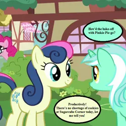 Size: 500x500 | Tagged: bon bon, bon bon's baking cookies girls, cropped, derpibooru import, edit, edited screencap, lyra heartstrings, pinkie pie, safe, screencap, speech bubble, sweetie drops, text, the one where pinkie pie knows