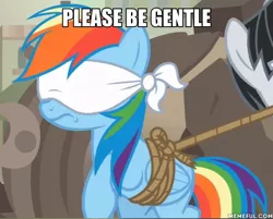 Size: 600x482 | Tagged: safe, derpibooru import, edit, edited screencap, screencap, rainbow dash, pegasus, pony, daring done?, blindfold, bound wings, caption, female, image macro, mare, meme, rainbond dash, text, tied up, wings