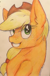 Size: 1341x2048 | Tagged: safe, artist:wintaura, derpibooru import, applejack, pony, applejack's hat, colored pencil drawing, colored sketch, cowboy hat, female, freckles, hair tie, hat, smiling, solo, traditional art