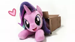 Size: 1920x1080 | Tagged: safe, artist:nekokevin, derpibooru import, starlight glimmer, pony, unicorn, series:nekokevin's glimmy, box, cardboard box, cute, daaaaaaaaaaaw, defictionalization, female, glimmerbetes, happy, heart, hnnng, irl, life size, looking at you, mare, nekokevin is trying to murder us, open mouth, photo, photomanipulation, plushie, ponies sliding into a box, pony in a box, prone, simple background, sliding ponies, smiling, solo, weapons-grade cute, white background