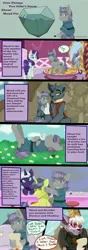 Size: 3500x10000 | Tagged: suggestive, artist:jeyjeymohr, derpibooru import, boulder (pet), comet tail, maud pie, rarity, diamond dog, pony, series:five things you didn't know, bandage, blush sticker, blushing, buwaro elexion, clothes, comic, crossover, drunk, female, flower, high res, interspecies, male, panties, playing dead, punch, scroll, shipping, slightly damned, straight, underwear