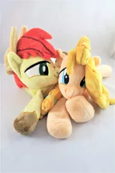 Size: 3648x5472 | Tagged: safe, artist:kazzysart, derpibooru import, bright mac, pear butter, pony, beanie (plushie), brightbutter, female, high res, irl, male, photo, plushie, prone, shipping, straight