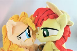Size: 5472x3648 | Tagged: safe, artist:kazzysart, derpibooru import, bright mac, pear butter, pony, beanie (plushie), brightbutter, female, high res, irl, male, photo, plushie, prone, shipping, straight