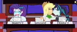 Size: 4032x1688 | Tagged: safe, artist:ktd1993, derpibooru import, applejack, coloratura, match game, rarity, equestria girls, crying, female, kissing, lesbian, love triangle, match game (game show), rara, rarajack, rarijack, shipping