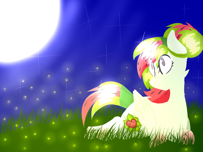 Size: 1600x1200 | Tagged: safe, artist:renatarks, derpibooru import, oc, oc:watermelana, unofficial characters only, firefly (insect), insect, pony, gradient hooves, grass, moon, night, prone, solo