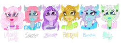 Size: 1024x363 | Tagged: anthro, artist:crystal-sushi, blossom, blue belle, butterscotch (g1), cotton candy (g1), crossover, derpibooru import, g1, minty (g1), monster high, original six, safe, simple background, snuzzle, transparent background