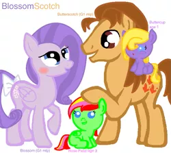 Size: 729x650 | Tagged: safe, artist:pokemon-mlp46, derpibooru import, blossom, butterscotch (g1), oc, oc:buttercup, oc:rose petal, pegasus, pony, baby, baby pony, blossomscotch, bow, female, g1, g1 to g4, generation leap, half r63 shipping, male, offspring, parent:blossom, parent:butterscotch (g1), race swap, rule 63, shipping, straight, tail bow