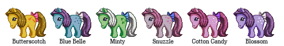 Size: 554x90 | Tagged: artist:seajelli, blossom, blue belle, butterscotch (g1), cotton candy (g1), derpibooru import, g1, minty (g1), original six, pixel art, safe, simple background, snuzzle, transparent background