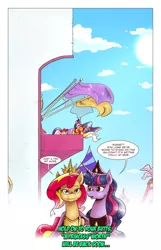 Size: 1253x1950 | Tagged: safe, artist:saturdaymorningproj, derpibooru import, sunset shimmer, twilight sparkle, alicorn, pony, comic:a princess' worth, alicornified, alternate universe, balcony, crown, dialogue, female, jewelry, lesbian, mare, race swap, regalia, shimmercorn, shipping, sunsetsparkle