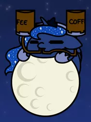 Size: 1350x1800 | Tagged: safe, artist:flutterluv, derpibooru import, princess luna, alicorn, pony, series:flutterluv's full moon, chibi, coffee, cute, drinking, drinking hat, female, floppy ears, full moon, hat, luna found the coffee, lunabetes, mare, moon, night, solo, tangible heavenly object