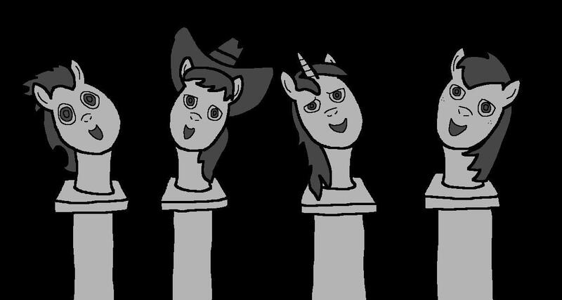 Size: 1214x648 | Tagged: safe, artist:samueljcollins1990, derpibooru import, big macintosh, braeburn, shining armor, soarin', pony, black background, bust, disney, disneyland, grim grinning ghost, grim grinning ghosts, haunted mansion, simple background, singing busts, the haunted mansion, walt disney world