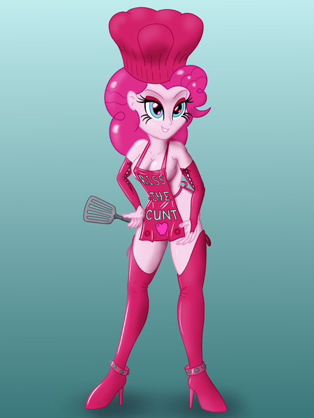 Size: 1920x2560 | Tagged: questionable, artist:cybersquirrel, derpibooru import, pinkie pie, equestria girls, apron, boots, breasts, chef's hat, clothes, dominatrix, evening gloves, eyeshadow, female, fingerless gloves, gloves, gradient background, hat, high heel boots, kiss the cook, latex, latex boots, long gloves, looking at you, makeup, nail polish, naked apron, nipple slip, nipples, nudity, shoes, sideboob, simple background, smiling, socks, solo, solo female, spatula, thigh boots, thigh highs, vulgar, wardrobe malfunction