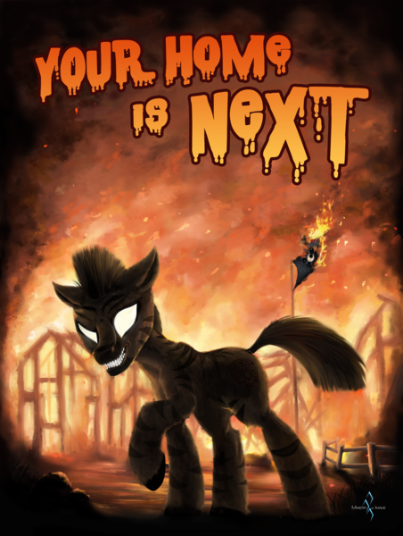 Size: 3000x3986 | Tagged: grimdark, artist:nemo2d, derpibooru import, zebra, fallout equestria, fire, hilarious in hindsight, image, littlehorn massacre, looking at you, luna's school for gifted unicorns, ministry of image, png, poster, propaganda, propaganda poster