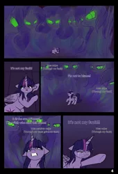 Size: 3761x5516 | Tagged: alicorn, applejack, artist:duop-qoub, comic, comic:twilight's descent, crying, derpibooru import, descended twilight, floppy ears, fluttershy, hellfire, hunchback of notre dame, implied princess celestia, latin, looking up, lying down, mane six, pinkie pie, rainbow dash, rarity, sad, safe, twilight sparkle, twilight sparkle (alicorn)