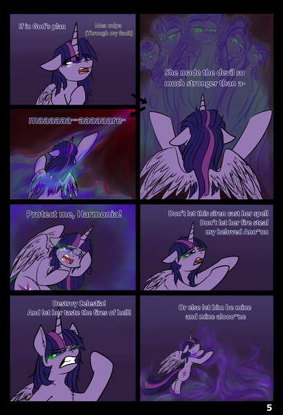 Size: 3761x5516 | Tagged: alicorn, angry, applejack, artist:duop-qoub, comic, comic:twilight's descent, crying, dark magic, derpibooru import, descended twilight, floppy ears, fluttershy, hellfire, hunchback of notre dame, implied princess celestia, looking down, looking up, magic, pinkie pie, rainbow dash, rarity, safe, teary eyes, twilight sparkle, twilight sparkle (alicorn)