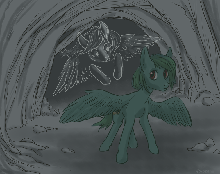 Size: 4812x3812 | Tagged: artist:kovoranu, cave, derpibooru import, ghost, oc, oc:cloudy skies (pap), oc:lonely day, ponies after people, safe, undead, unofficial characters only