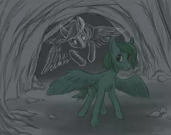 Size: 4812x3812 | Tagged: artist:kovoranu, cave, derpibooru import, ghost, oc, oc:cloudy skies (pap), oc:lonely day, ponies after people, safe, undead, unofficial characters only