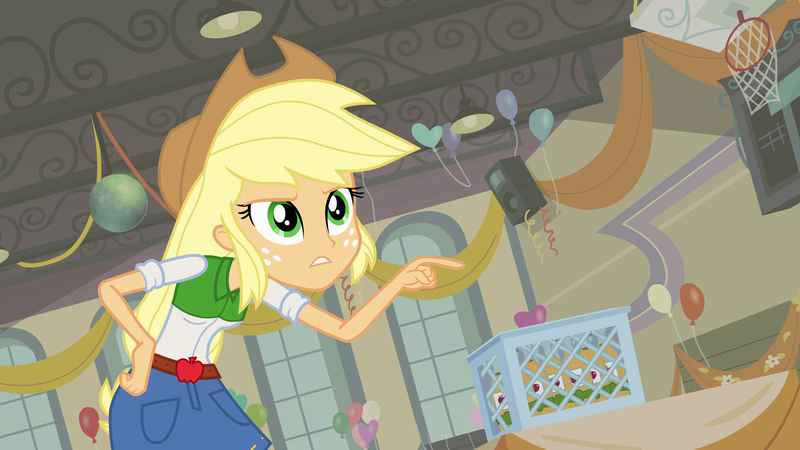 Size: 1920x1080 | Tagged: safe, derpibooru import, screencap, applejack, equestria girls, equestria girls (movie), apple cider, auditorium, canterlot high, clothes, container, cowboy hat, denim skirt, female, freckles, hat, skirt, solo, stetson