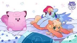 Size: 1416x800 | Tagged: safe, artist:dusty-munji, derpibooru import, applejack, rainbow dash, clefairy, earth pony, pegasus, pony, :<, female, loose hair, lying, lying on top of someone, mare, missing accessory, pillow, plushie, pokémon, spread wings, trio, wings