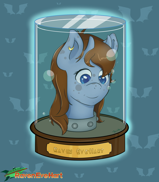 Size: 1000x1140 | Tagged: safe, artist:jacod, derpibooru import, oc, oc:raven eve'hart, unofficial characters only, earth pony, pony, colored pupils, disembodied head, ear piercing, earring, earth pony oc, futurama, head in a jar, jar, jewelry, piercing, smiling, solo