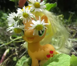 Size: 1800x1550 | Tagged: safe, artist:travelling-my-little-pony, derpibooru import, applejack, pony, daisy (flower), floral head wreath, flower, flower in hair, garland, happy, irl, photo, silly, silly pony, toy, who's a silly pony