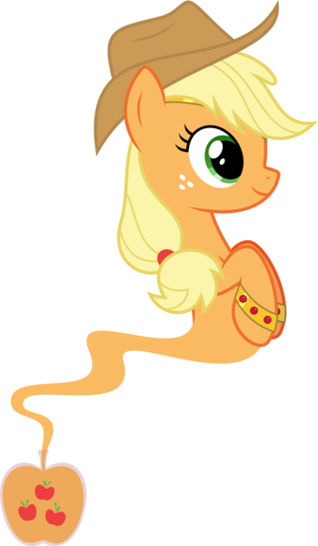 Size: 6400x10984 | Tagged: safe, artist:parclytaxel, derpibooru import, applejack, earth pony, genie, genie pony, pony, ain't never had friends like us, .svg available, absurd resolution, armband, bottle, female, floating, headband, mare, simple background, smiling, solo, transparent background, vector