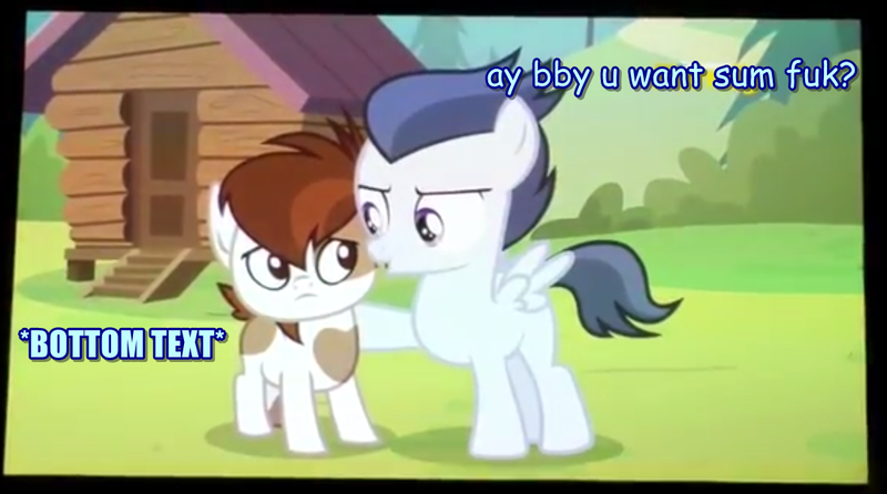 Size: 1094x610 | Tagged: suggestive, derpibooru import, edit, screencap, pipsqueak, rumble, pegasus, pony, marks and recreation, ayy bb want sum fuk?, bottom, bottom text, caption, colt, comic sans, foal romance, fuk, gay, image macro, impact font, lemme smash, male, meme, rumblesqueak, text, vulgar