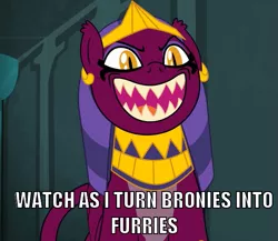 Size: 573x497 | Tagged: anti-bronybait, brony, bronybait, caption, daring done?, derpibooru import, evil laugh, furry, image macro, jewelry, laughing, makeup, meme, oh no, pure unfiltered evil, safe, screencap, sharp teeth, smiling, sphinx, sphinx (character), teeth, text