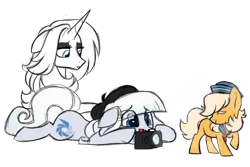 Size: 1024x682 | Tagged: safe, artist:azure-art-wave, derpibooru import, oc, oc:ginger snap, oc:mademoiselle d'hiver, oc:picture perfect, unofficial characters only, earth pony, pony, unicorn, camera, female, filly, magical lesbian spawn, mare, offspring, parent:photo finish, parent:zesty gourmand, parents:zestyfinish, prone, simple background, transparent background