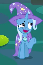 Size: 403x604 | Tagged: safe, derpibooru import, screencap, trixie, pony, unicorn, to change a changeling, cape, clothes, cute, diatrixes, female, hat, mare, open mouth, raised hoof, solo, trixie's cape, trixie's hat, underhoof, wavy mouth