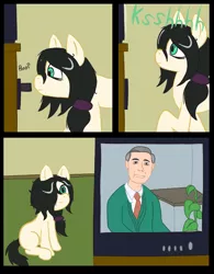 Size: 600x770 | Tagged: safe, artist:scraggleman, derpibooru import, oc, oc:floor bored, unofficial characters only, earth pony, pony, comic, mister rogers, mister rogers' neighborhood, sitting, solo, television, vcr, vhs