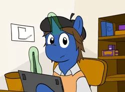 Size: 1148x851 | Tagged: safe, artist:cobaltsketch, derpibooru import, oc, oc:cobalt sketch, unofficial characters only, unicorn, twilight sparkle's secret shipfic folder, beret, book, bookshelf, drawing tablet, hat, solo, sweater vest