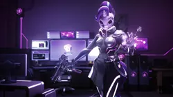 Size: 2880x1620 | Tagged: 3d, anthro, artist:nikpinkie, computer, crossover, derpibooru import, overwatch, safe, solo, sombra glimmer, sombra (overwatch), starlight glimmer, weapon