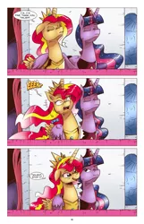 Size: 1253x1950 | Tagged: safe, artist:saturdaymorningproj, derpibooru import, sunset shimmer, twilight sparkle, twilight sparkle (alicorn), alicorn, pony, comic:a princess' worth, alicornified, alternate universe, comic, dialogue, female, hug, mare, one eye closed, race swap, shimmercorn, smiling, speech bubble, winghug