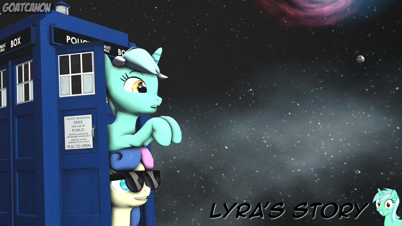 Size: 3840x2160 | Tagged: 3d, artist:goatcanon, bon bon, comic, comic:lyra's story, crossover, derpibooru import, doctor who, lyra heartstrings, portal (valve), safe, source filmmaker, space core, sunglasses, sweetie drops, tardis