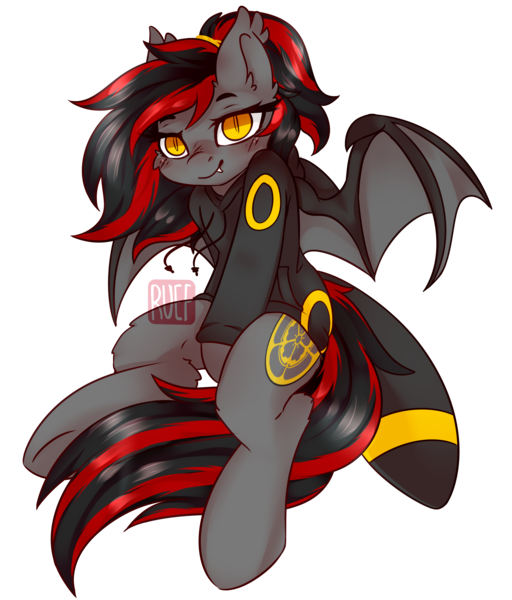 Size: 2558x3000 | Tagged: safe, artist:ruef, derpibooru import, oc, oc:tomoko tanue, unofficial characters only, bat pony, umbreon, fallout equestria, clothes, fangs, female, grin, hoodie, mare, pokémon, smiling, sweater