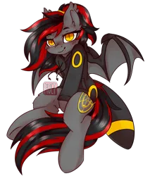 Size: 2558x3000 | Tagged: safe, artist:ruef, derpibooru import, oc, oc:tomoko tanue, unofficial characters only, bat pony, umbreon, fallout equestria, clothes, fangs, female, grin, hoodie, mare, pokémon, smiling, sweater