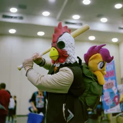 Size: 3144x3146 | Tagged: bird, bronycon, chicken, clothes, color, cosplay, costume, derpibooru import, funny, hotline miami, human, implied scootachicken, irl, irl human, photo, safe, scootaloo, scootaloo's parents