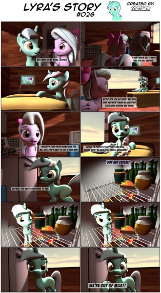 Size: 3928x7138 | Tagged: 3d, artist:goatcanon, bon bon, comic, comic:lyra's story, derpibooru import, flitter, lyra heartstrings, refrigerator, safe, source filmmaker, sweetie drops