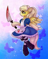 Size: 1644x2000 | Tagged: safe, artist:drawsyraccoon, derpibooru import, oc, oc:lemon drop, unofficial characters only, pegasus, pony, alice madness returns, american mcgee's alice, blood, commission, knife, solo, vorpal blade, ych result