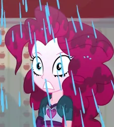 Size: 617x687 | Tagged: safe, derpibooru import, screencap, pinkie pie, epic fails (equestria girls), eqg summertime shorts, equestria girls, cropped, makeup, running makeup, solo, wet hair
