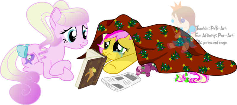 Size: 900x398 | Tagged: artist:princeofrage, blanket, book, bow, cerise porceleen, derpibooru import, duo, oc, oc:strawberry b!tchcake, plushie, ponysona, reading, safe, simple background, strawberry b!tchcake, tail bow, transparent background, unofficial characters only