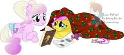 Size: 900x398 | Tagged: artist:princeofrage, blanket, book, bow, cerise porceleen, derpibooru import, duo, oc, oc:strawberry b!tchcake, plushie, ponysona, reading, safe, simple background, strawberry b!tchcake, tail bow, transparent background, unofficial characters only
