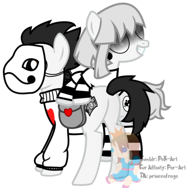 Size: 610x615 | Tagged: safe, artist:princeofrage, derpibooru import, ponified, pony, bag, duo, food, mask, mortis ghost, off, plushie, saddle bag, simple background, sucre, sugar (food), transparent background, zacharie